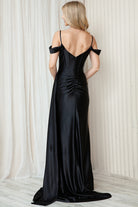 Satin Off Shoulder Long Dress with Slit Straps for Evening & Proms-smcdress