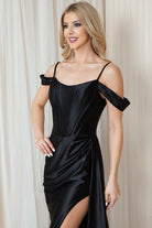 Satin Off Shoulder Long Dress with Slit Straps for Evening & Proms-smcdress