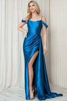 Satin Off Shoulder Long Dress with Slit Straps for Evening & Proms-smcdress
