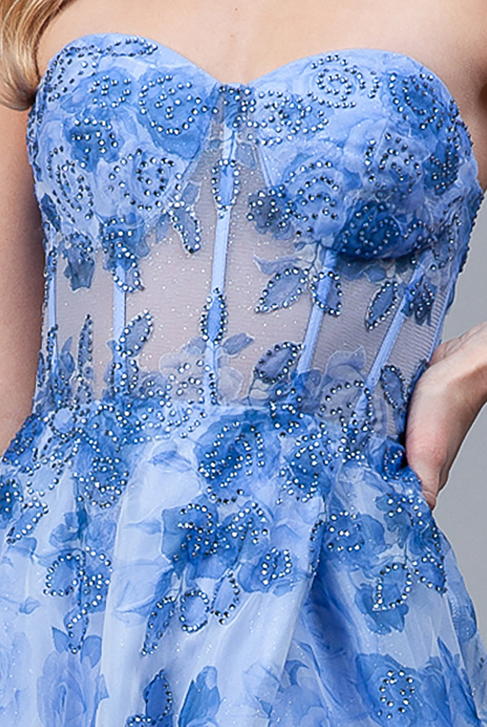 Floral Strapless Prom Dress w/Jewel & Slit-smcdress