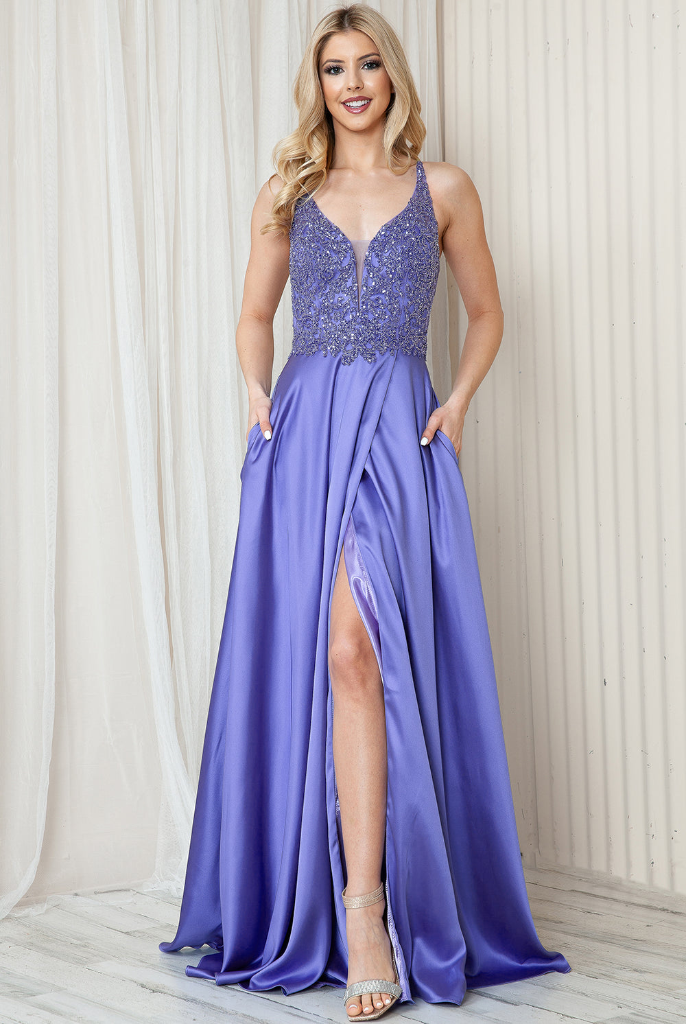 Long Prom Dress with Front Slit, Embroidered Bodice & Satin Skirt-smcdress