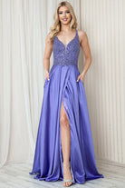 Long Prom Dress with Front Slit, Embroidered Bodice & Satin Skirt-smcdress