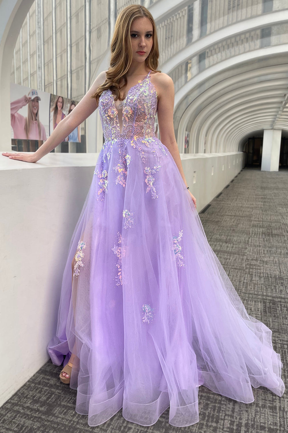 Tulle Skirt Lace High Slit Long Prom Dress-smcdress
