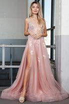 Tulle Skirt Lace High Slit Long Prom Dress-smcdress