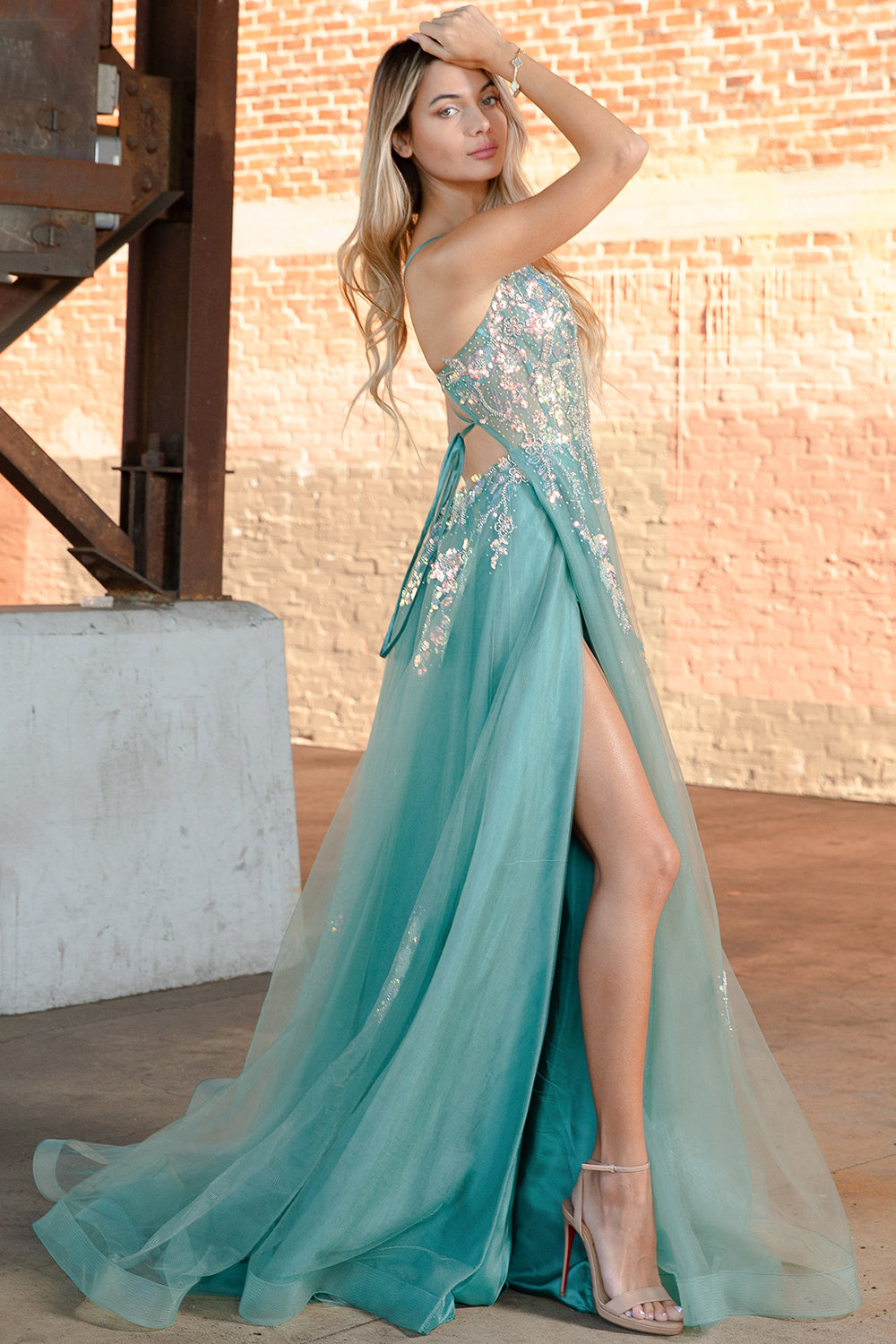 Tulle Skirt Lace High Slit Long Prom Dress-smcdress