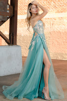 Tulle Skirt Lace High Slit Long Prom Dress-smcdress