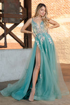 Tulle Skirt Lace High Slit Long Prom Dress-smcdress