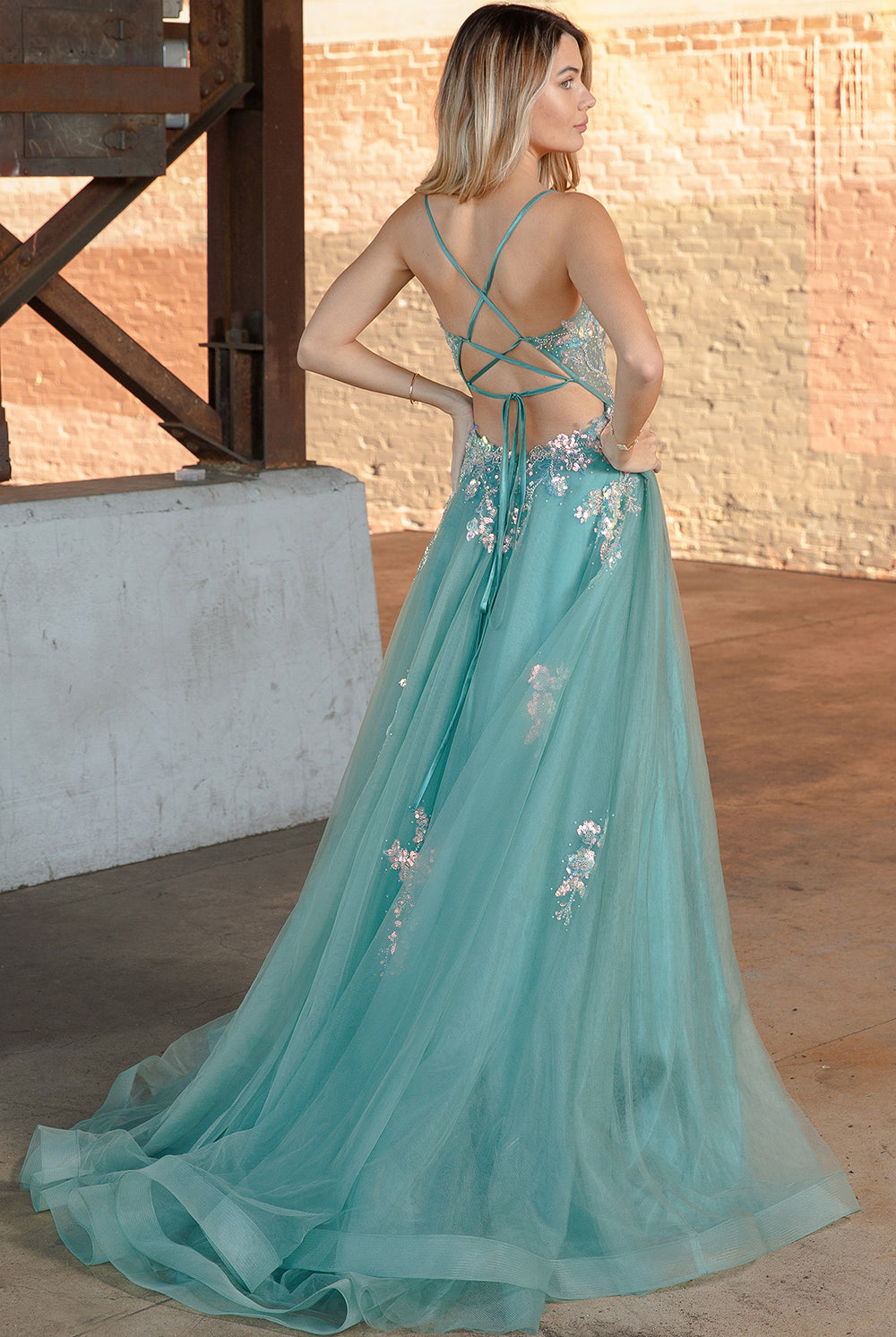 Tulle Skirt Lace High Slit Long Prom Dress-smcdress