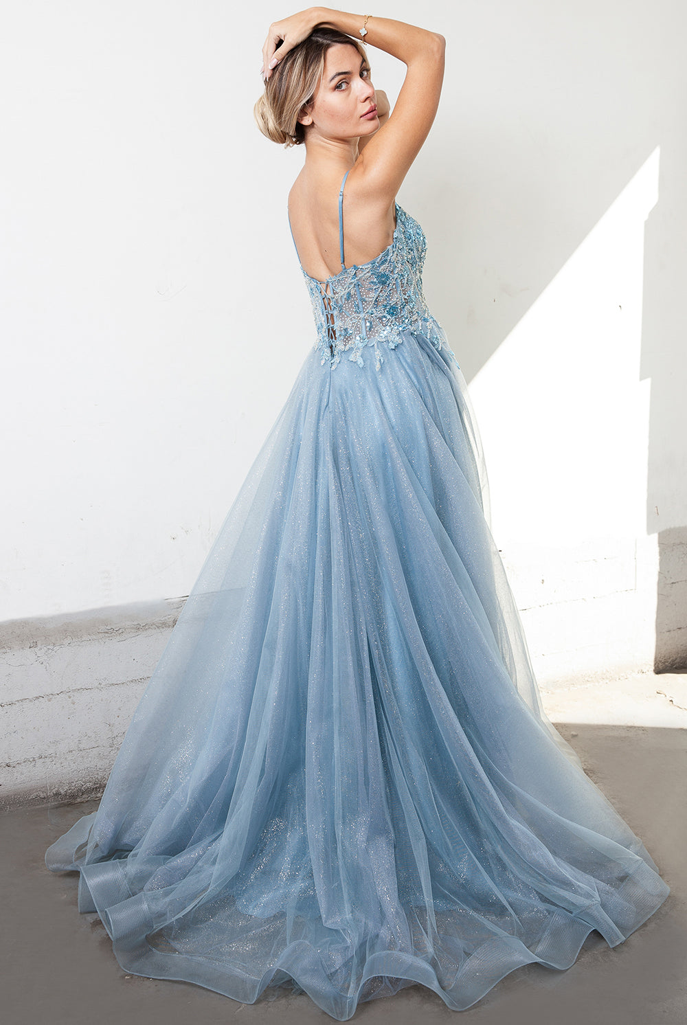 Embroidered Lace Bodice, Side Slit Tulle Skirt Long Prom Dress-smcdress