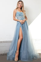 Embroidered Lace Bodice, Side Slit Tulle Skirt Long Prom Dress-smcdress