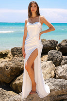 Side Slit Long Prom Dress with Cowl Neck & Satin Spaghetti Straps-smcdress