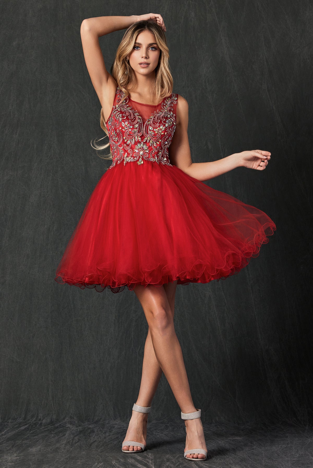 Sleeveless beaded and flare skirt short dress-smcdress