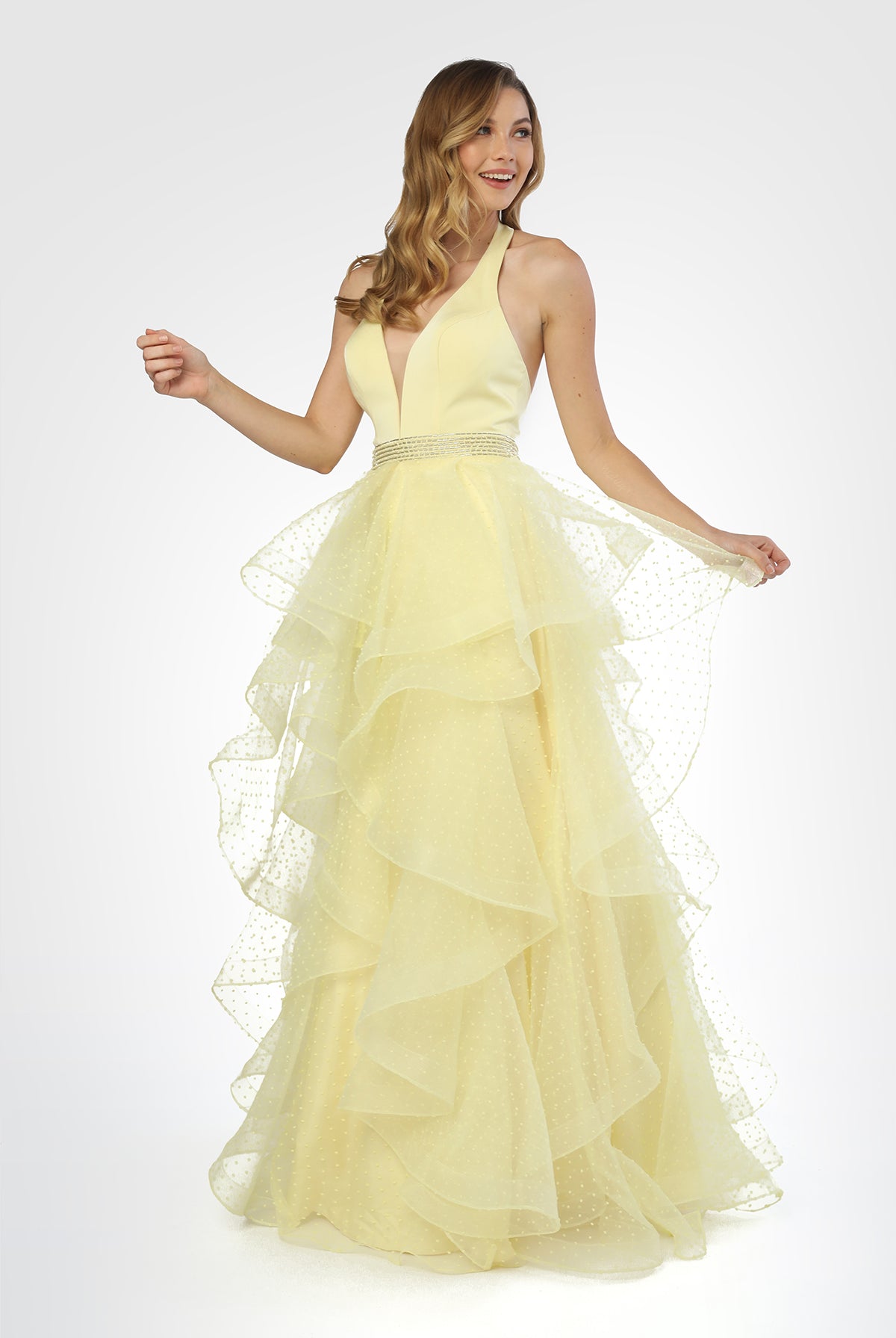 V-Neck Tiered Wedding Dress-smcdress