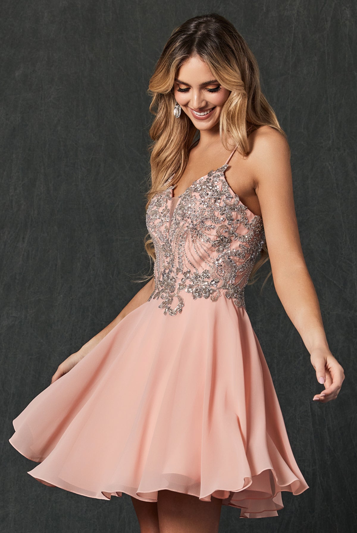 Rhinestone embellished chiffon short dress-smcdress