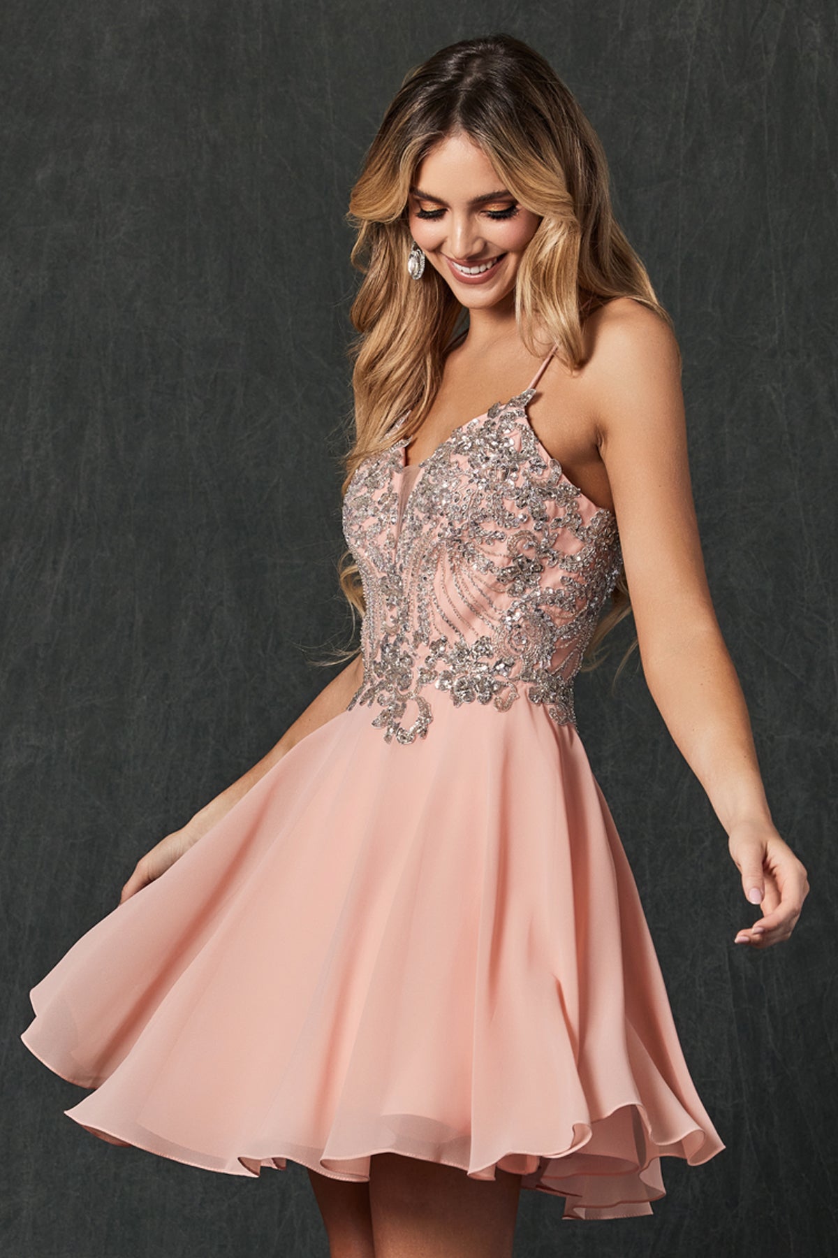 Rhinestone embellished chiffon short dress-smcdress