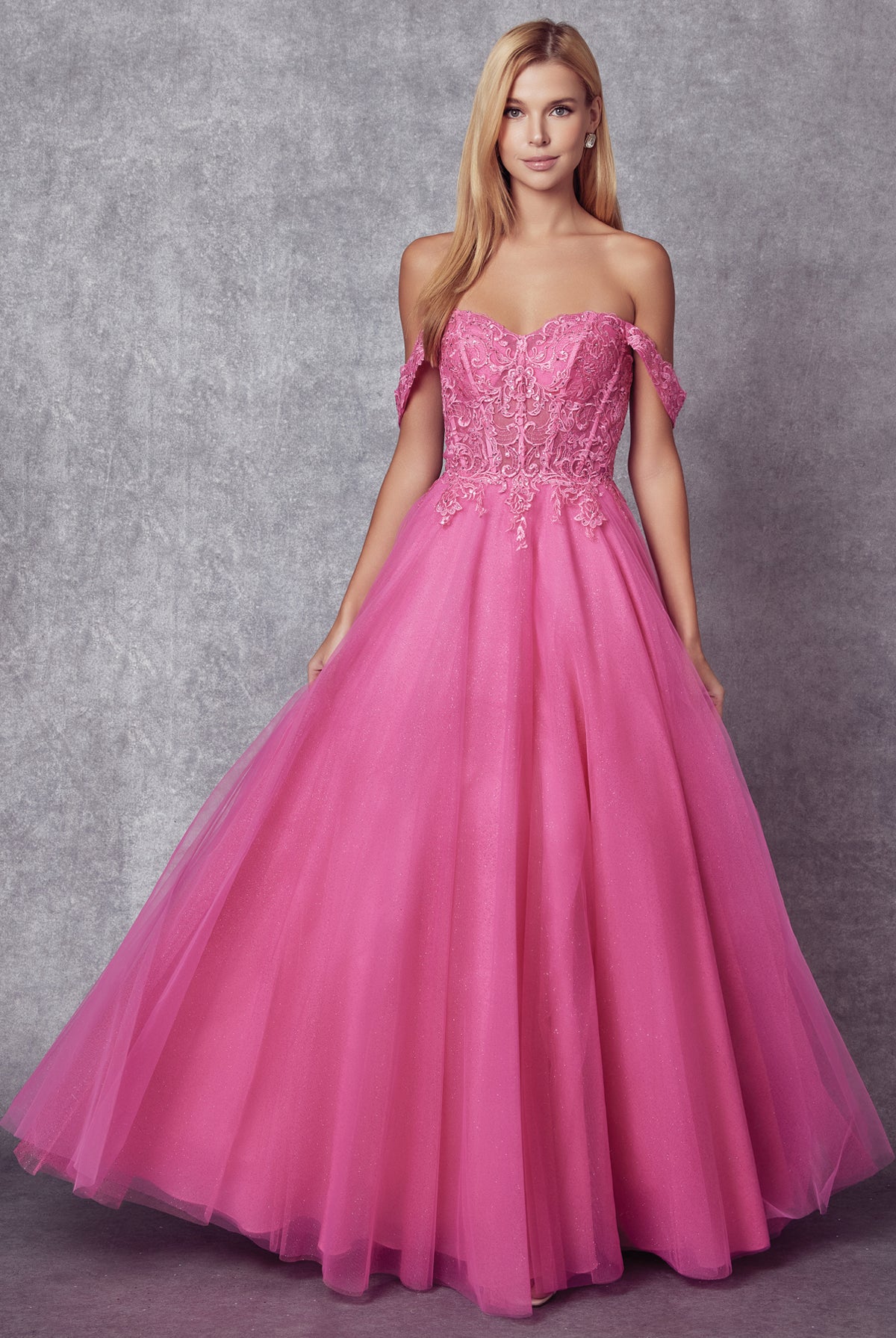 Off the shoulder embroidered tulle prom gown-smcdress