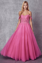 A-Line Embroidered Bodice Long Prom Dress, Off Shoulder-smcdress