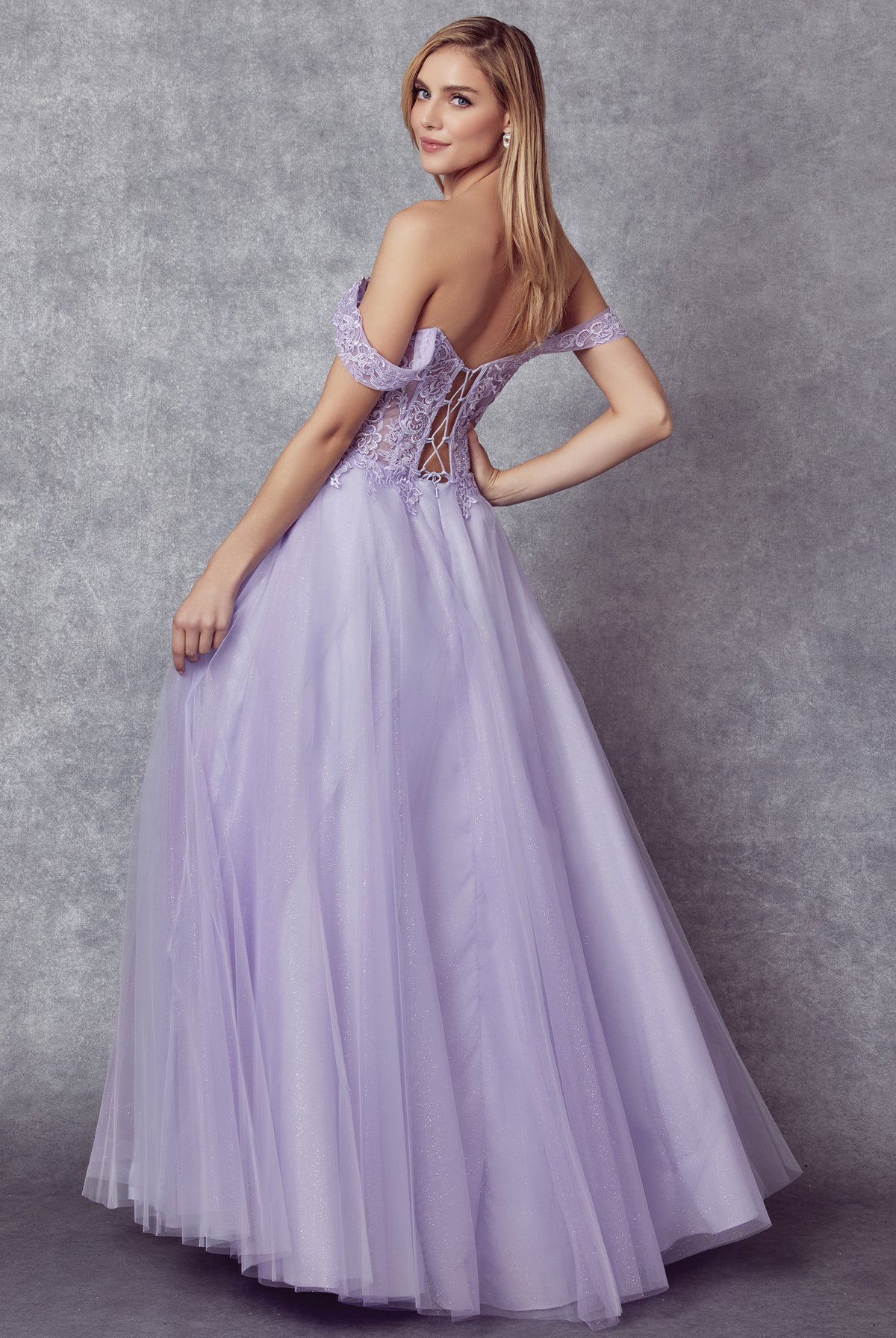 Off the shoulder embroidered tulle prom gown-smcdress
