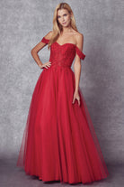 A-Line Embroidered Bodice Long Prom Dress, Off Shoulder-smcdress
