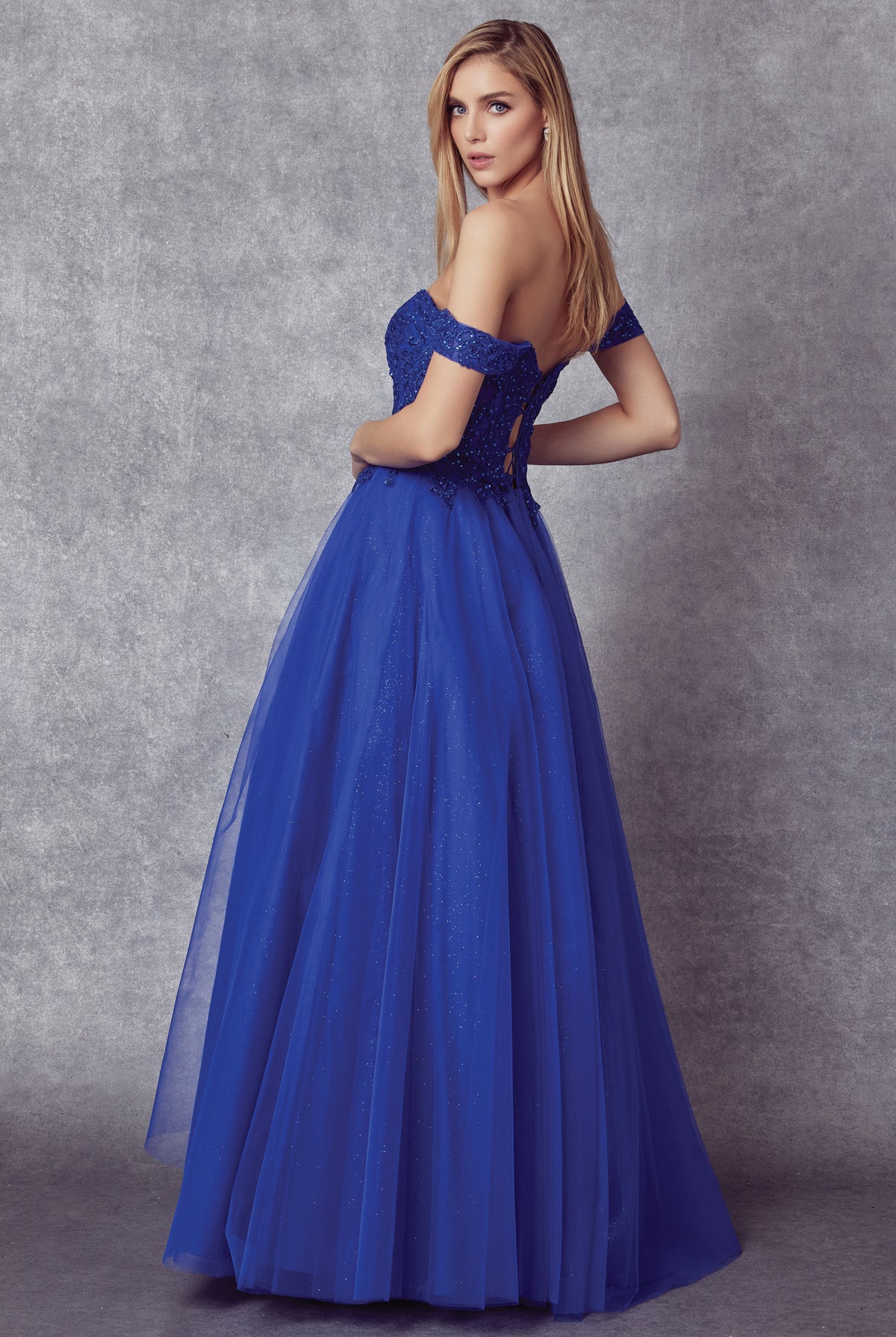 Off the shoulder embroidered tulle prom gown-smcdress