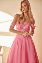 A-Line Embroidered Bodice Long Prom Dress, Off Shoulder-smcdress