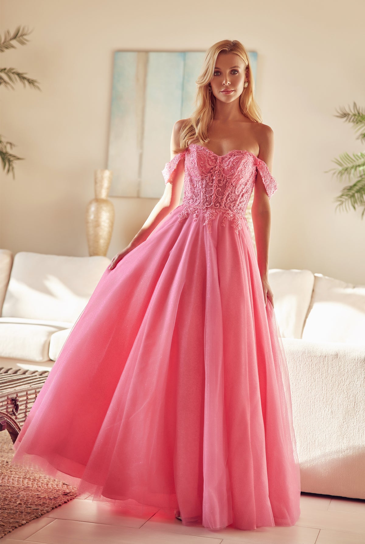 Off the shoulder embroidered tulle prom gown-smcdress