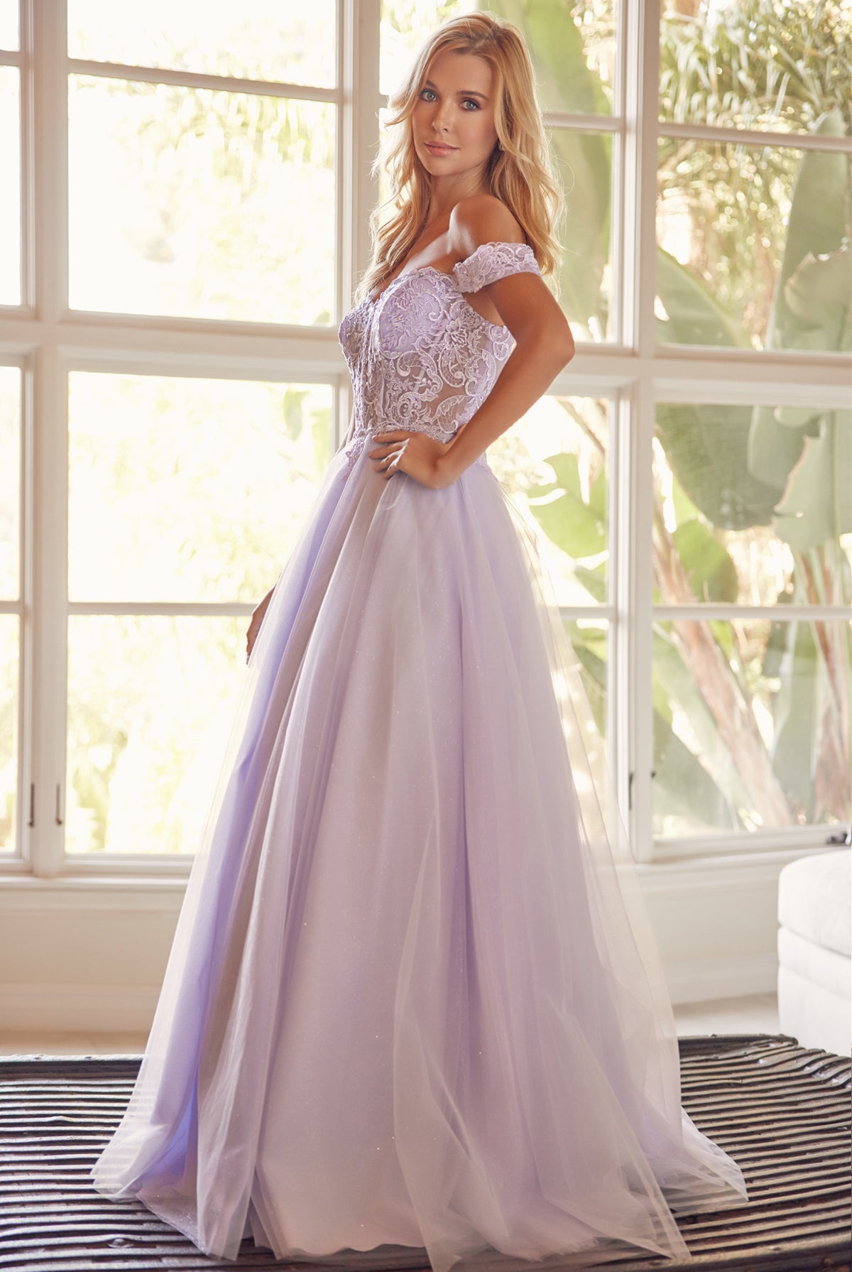 Off the shoulder embroidered tulle prom gown-smcdress