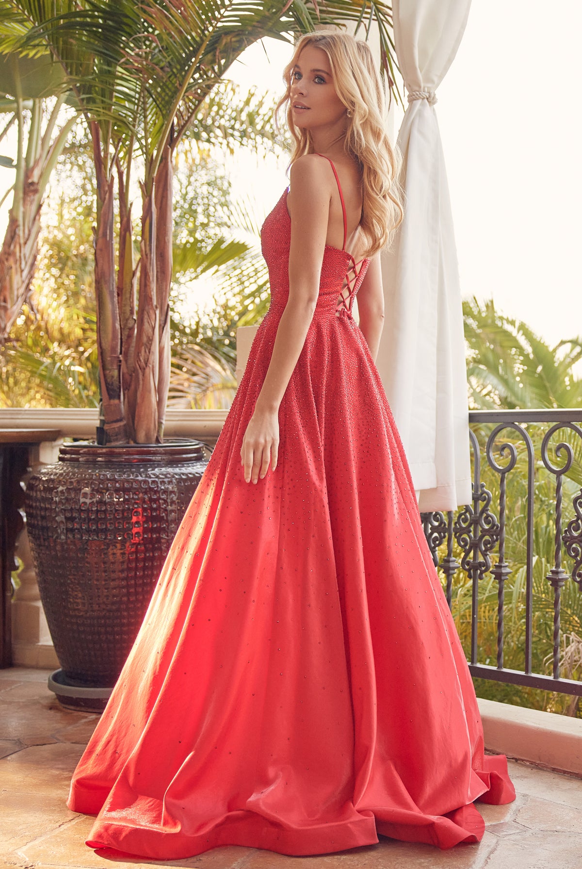 Red prom gown with stone accents alternative