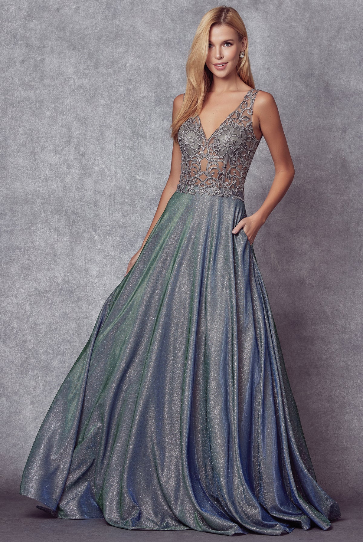 Embroidered bodice long prom dress-smcdress