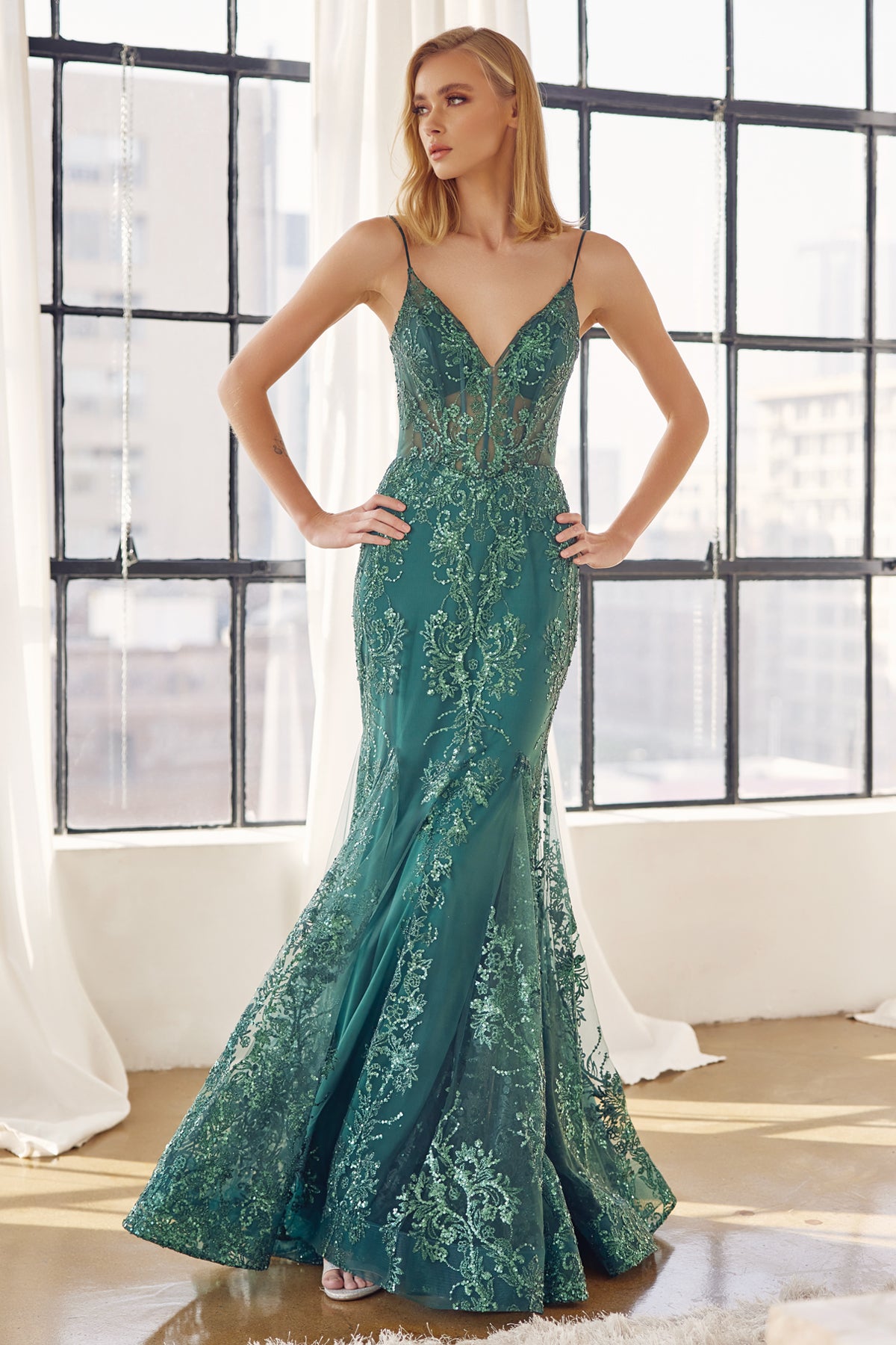 V-Neck Lace Mermaid Prom Dress-smcdress