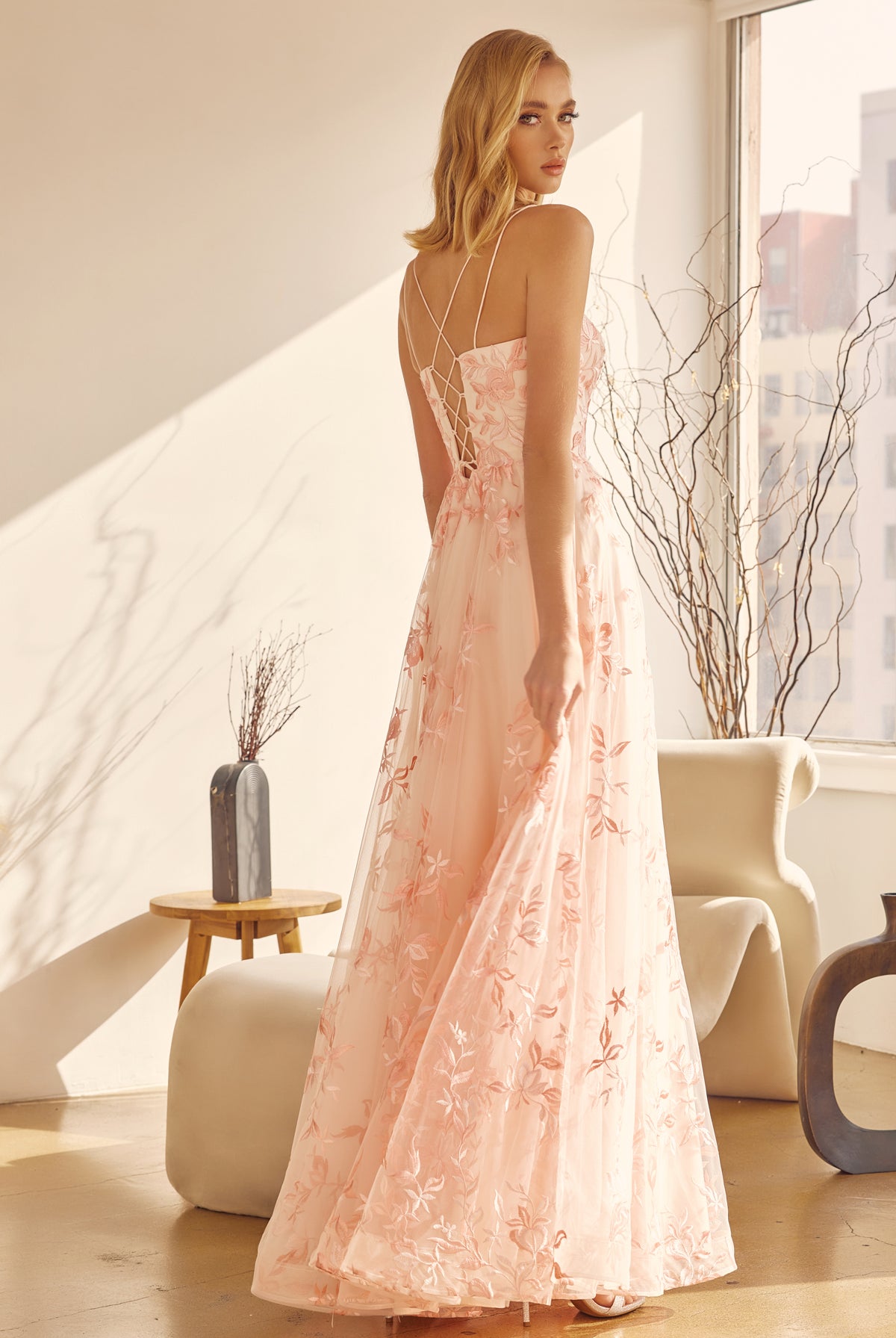 Sleeveless embroidered lace A- line gown-smcdress