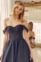 A-Line Embroidered Bodice Long Prom Dress, Off Shoulder-smcdress