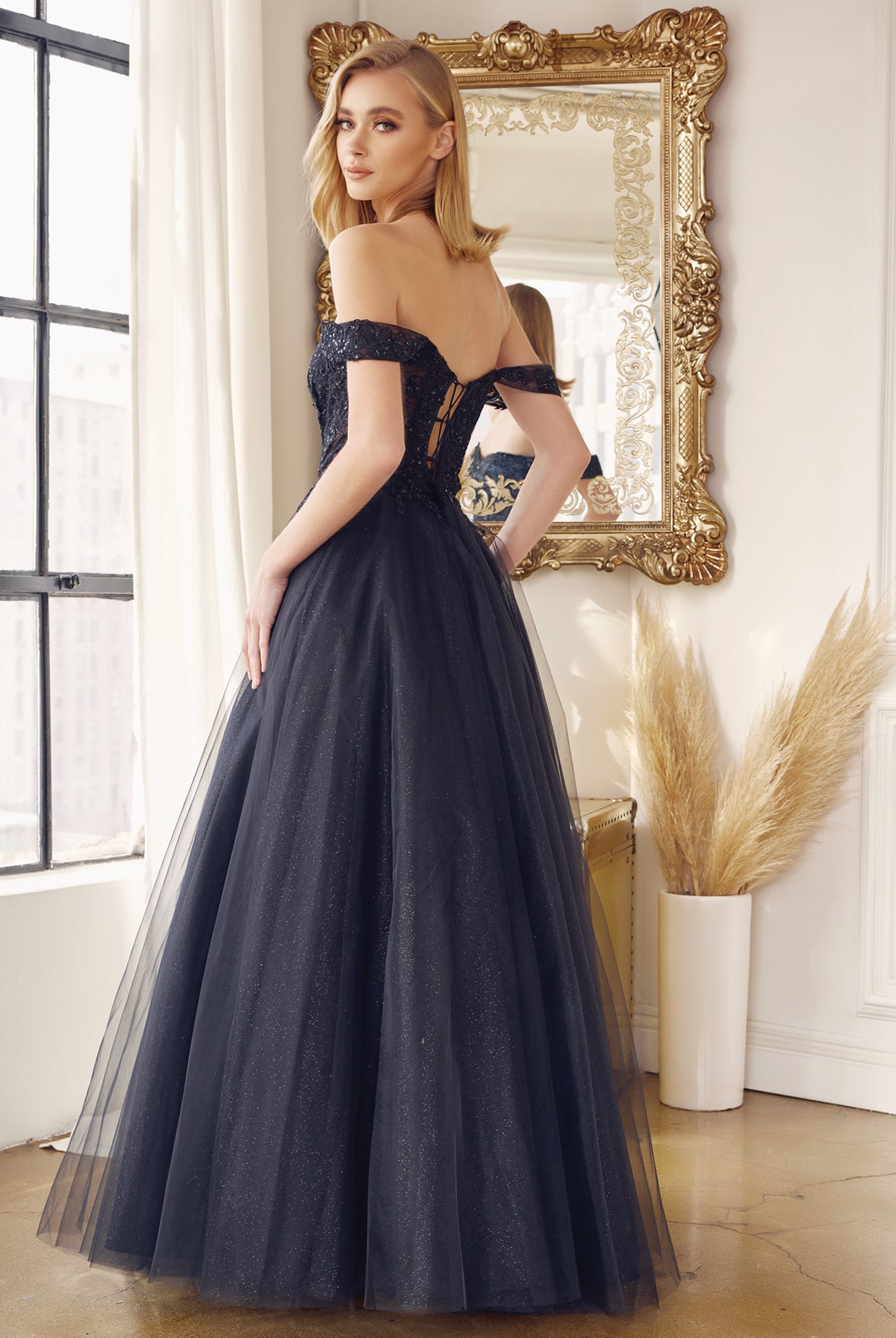A-Line Embroidered Bodice Long Prom Dress, Off Shoulder-smcdress