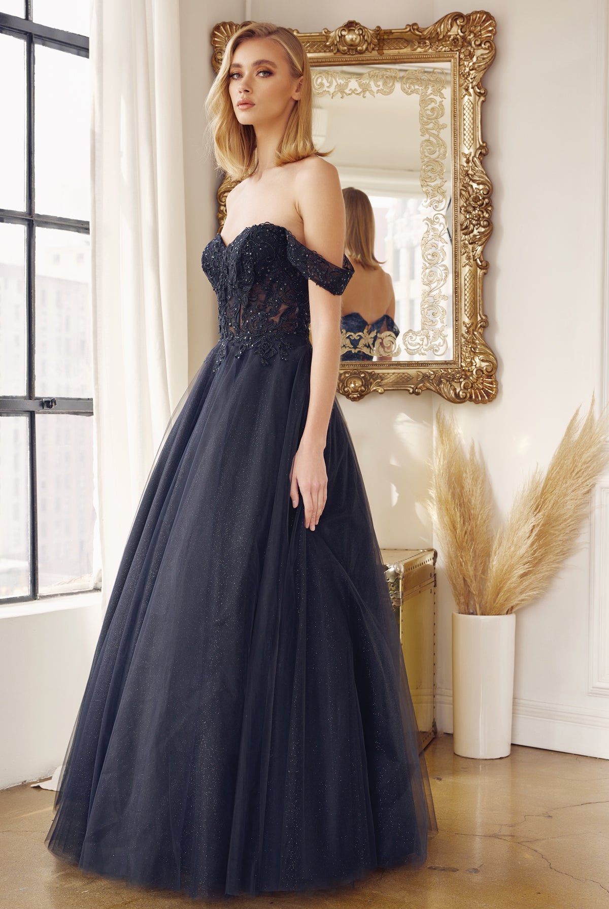 Off the shoulder embroidered tulle prom gown-smcdress
