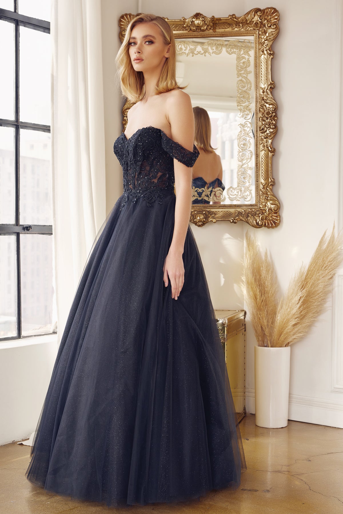 Off the shoulder embroidered tulle prom gown-smcdress