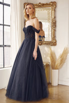 A-Line Embroidered Bodice Long Prom Dress, Off Shoulder-smcdress