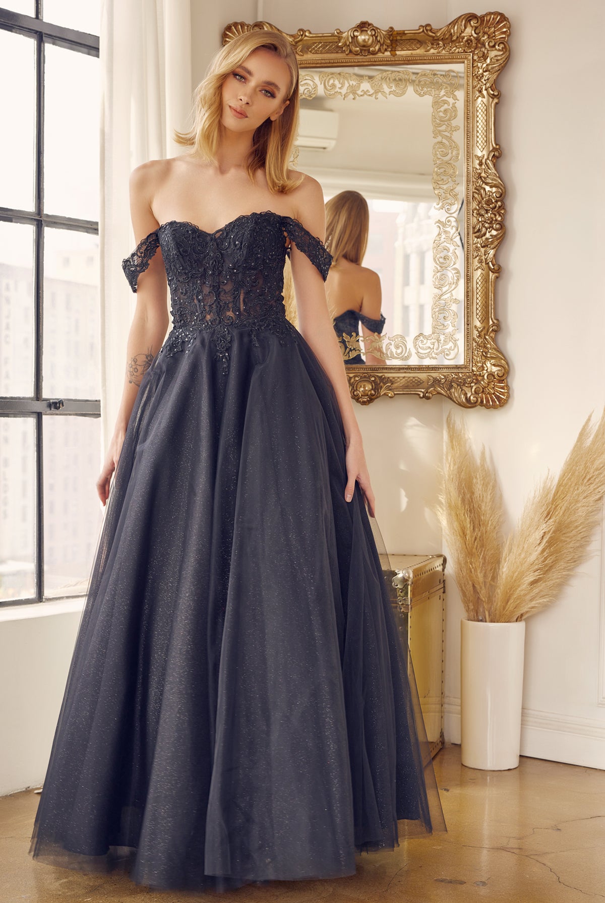 Off the shoulder embroidered tulle prom gown-smcdress