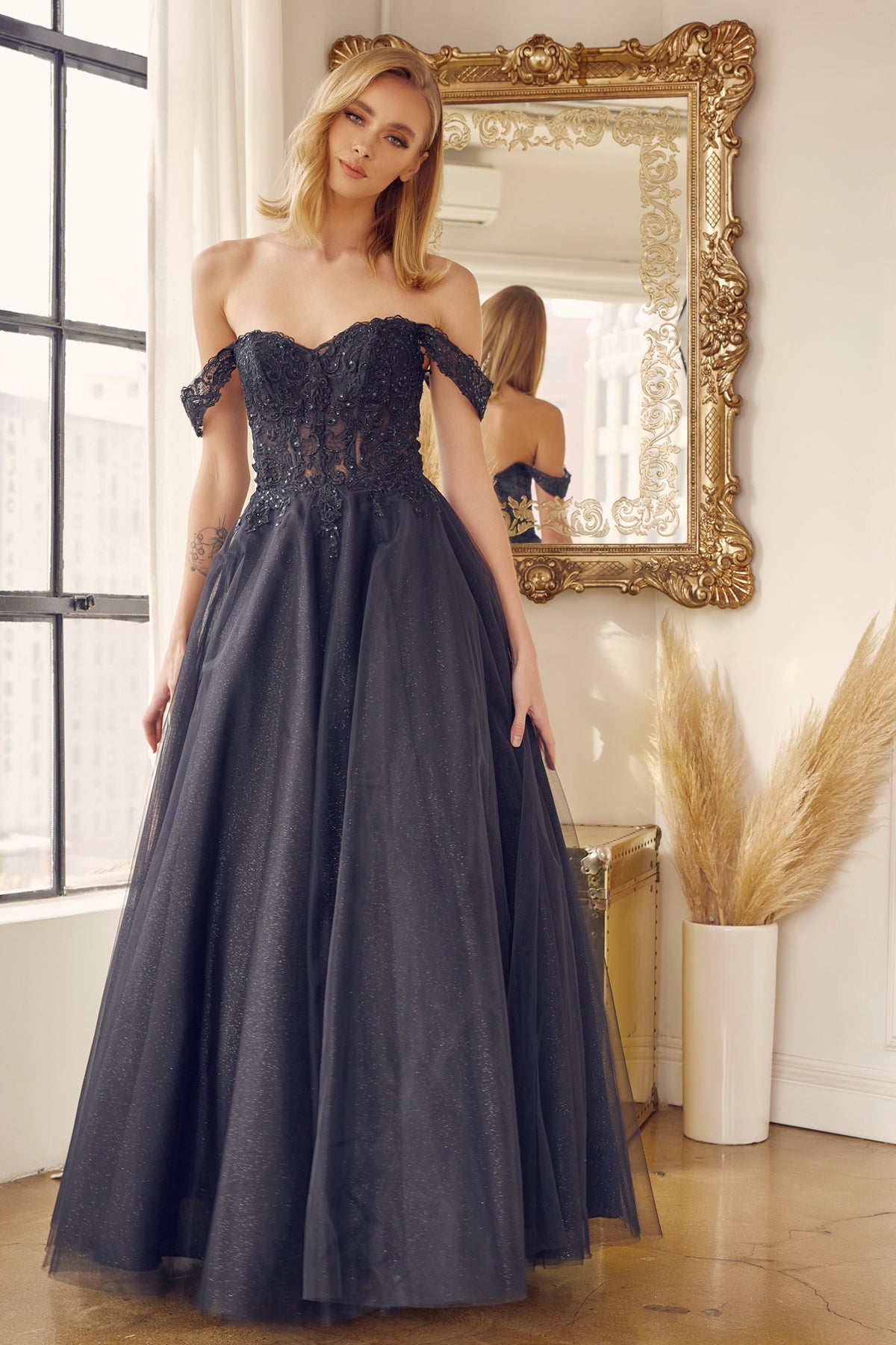 Off the shoulder embroidered tulle prom gown-smcdress