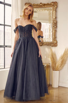 A-Line Embroidered Bodice Long Prom Dress, Off Shoulder-smcdress