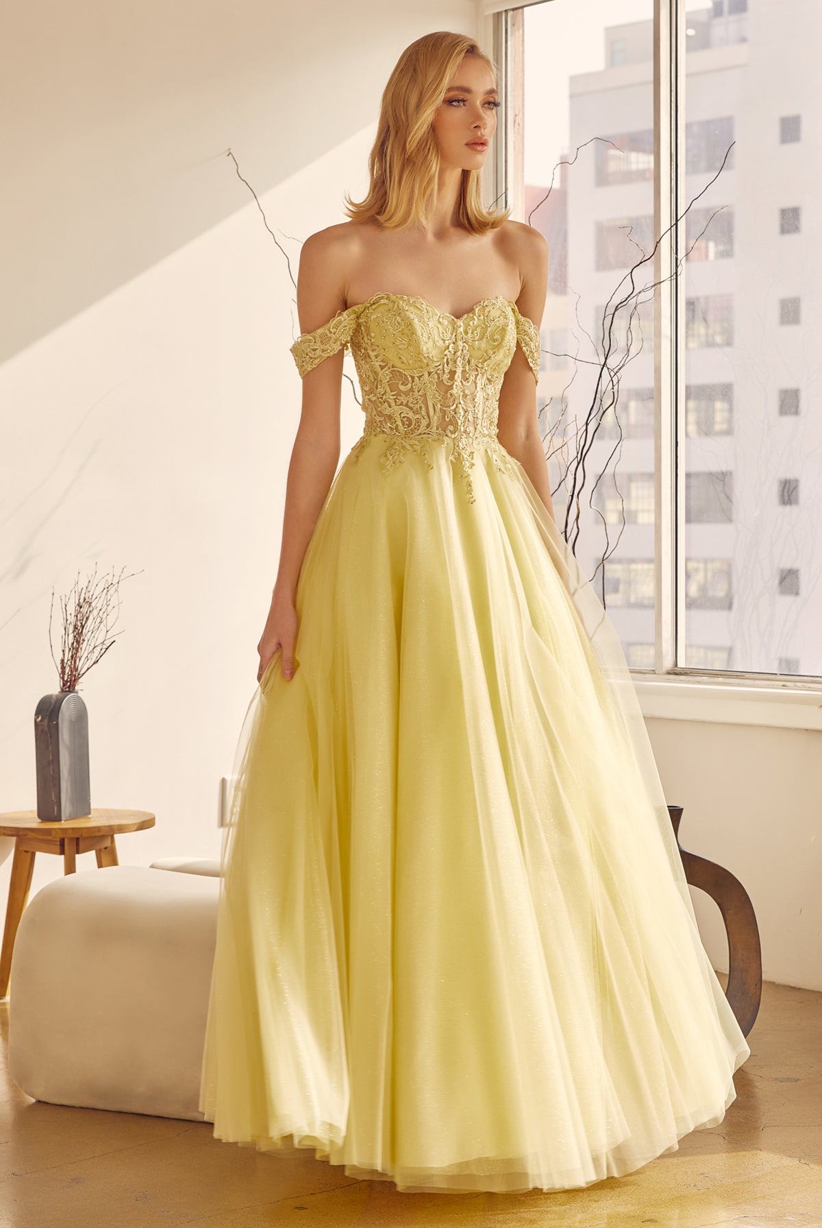 Off the shoulder embroidered tulle prom gown-smcdress