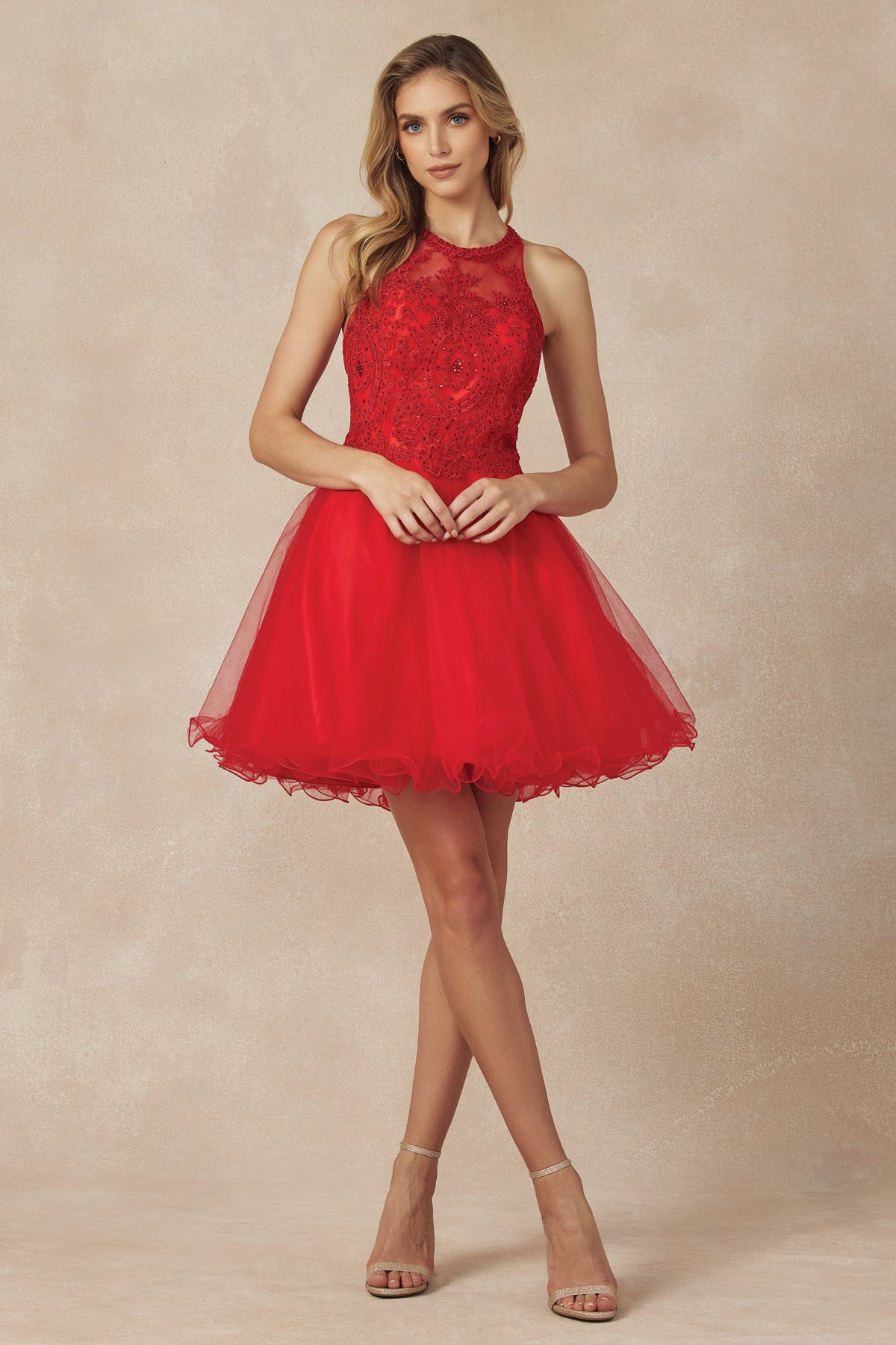 Short Fit & Flare Halter Dress for Cocktail & Homecoming-smcdress