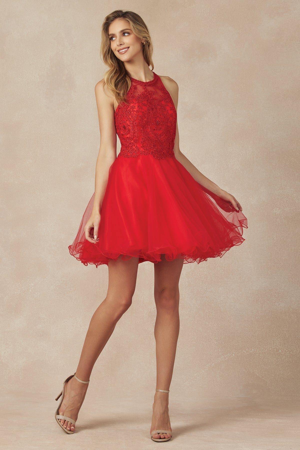 Short Fit & Flare Halter Dress for Cocktail & Homecoming-smcdress