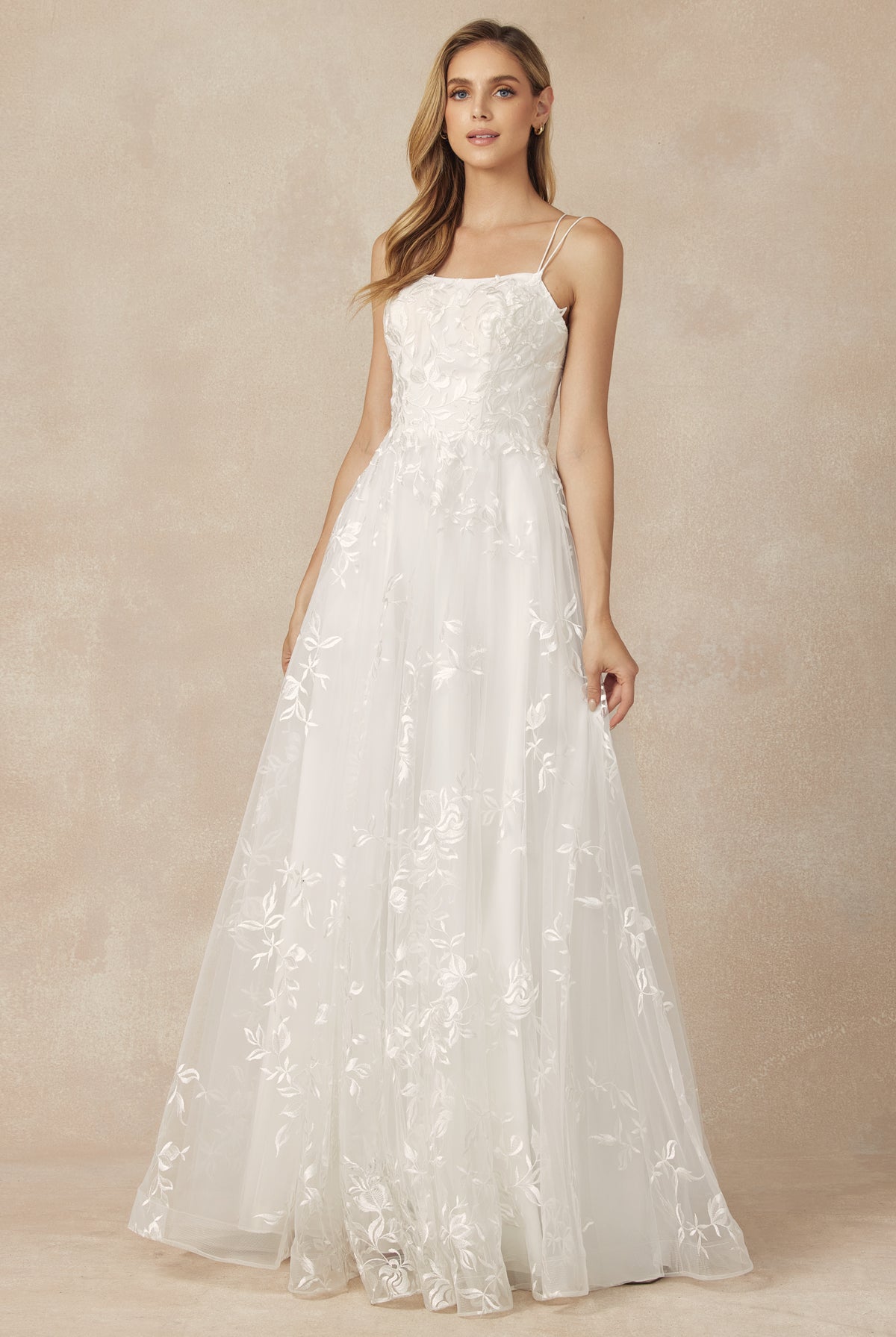 Embroidered Lace A-Line Dress, Long-smcdress
