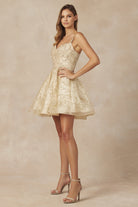 Gold Embroidered Short Dress, Swirling Patterns-smcdress