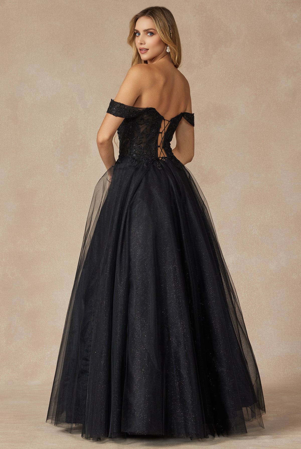 Off the shoulder embroidered tulle prom gown-smcdress