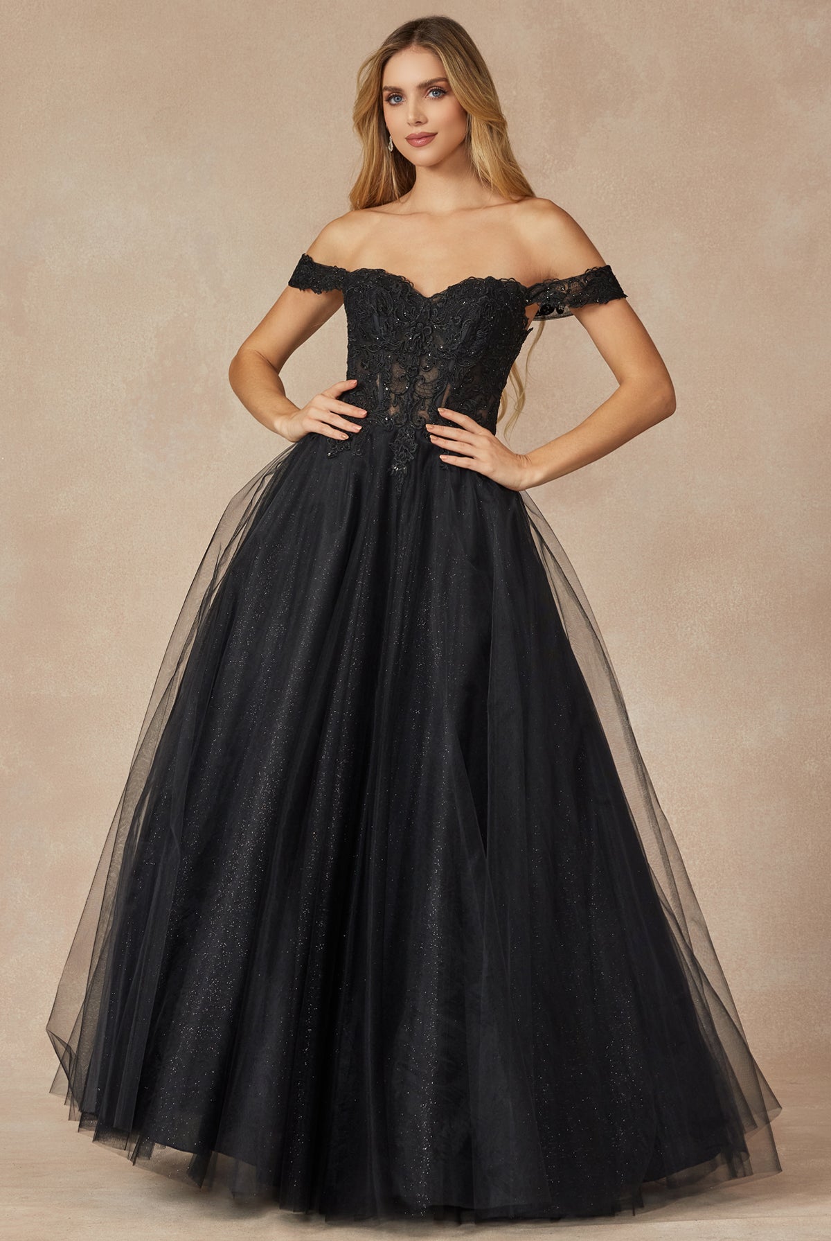 Off the shoulder embroidered tulle prom gown-smcdress