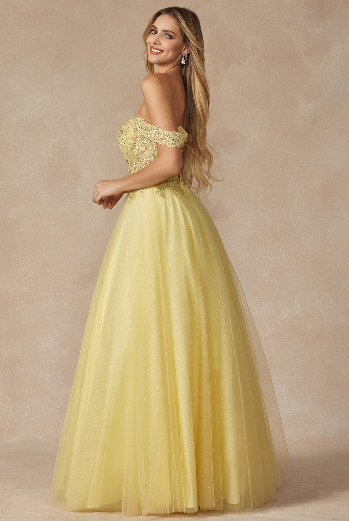 Off the shoulder embroidered tulle prom gown-smcdress