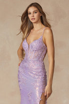 Machine sequin with lace embellishments and high slit gown-smcdress
