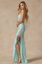 Machine sequin with lace embellishments and high slit gown-smcdress