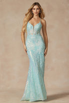 Machine sequin with lace embellishments and high slit gown-smcdress